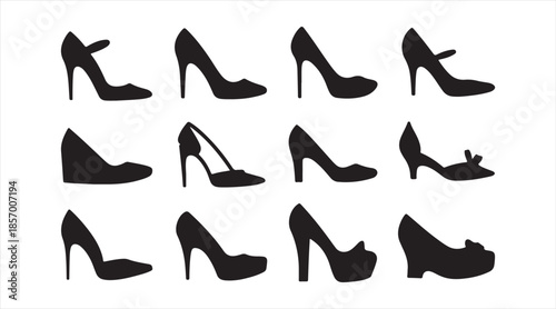Fashion high heel shoes illustration set featuring stilettos, platforms and dress pumps in vector silhouettes