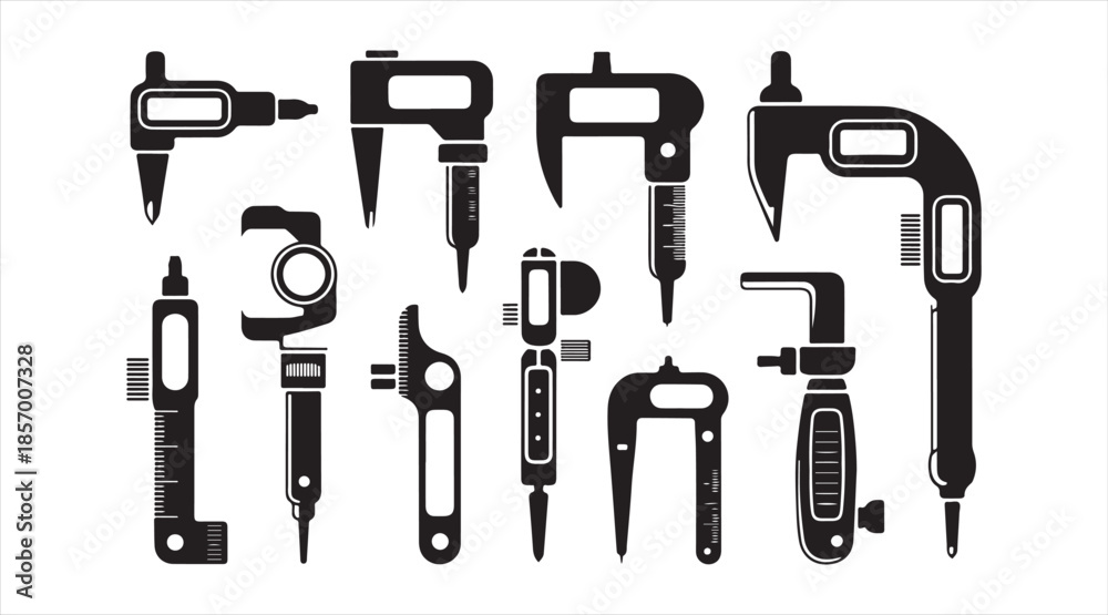 Obraz premium Measuring instrument icons set featuring digital and dial calipers, micrometers and indicators