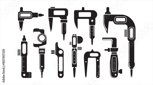 Measuring instrument icons set featuring digital and dial calipers, micrometers and indicators