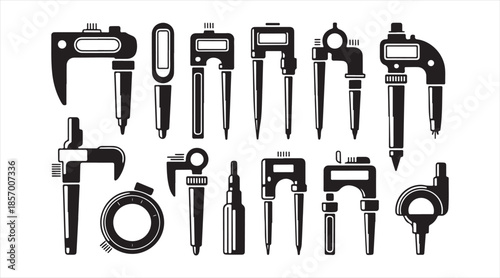 Vector icon pack of calipers, micrometers and gauges — precision metrology tools in silhouette style