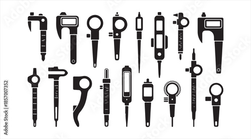 Precision caliper and micrometer glyph icons — engineering measurement instrument vector set