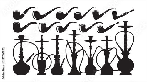 Traditional smoking device icons set featuring hookahs, shisha water pipes and classic tobacco pipes