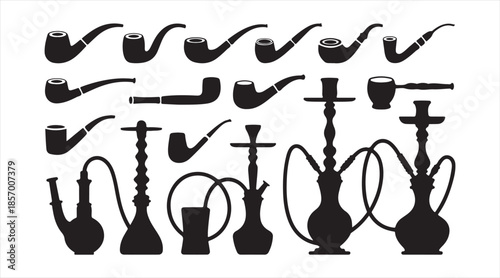 Vector icon pack of smoking pipes and hookahs — black silhouette collection of shisha and tobacco tools