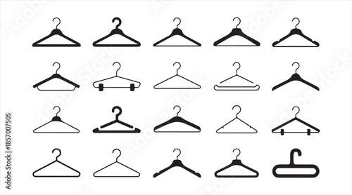 Clothes hanger vector icon pack — wardrobe and garment hanging accessory silhouettes in multiple styles