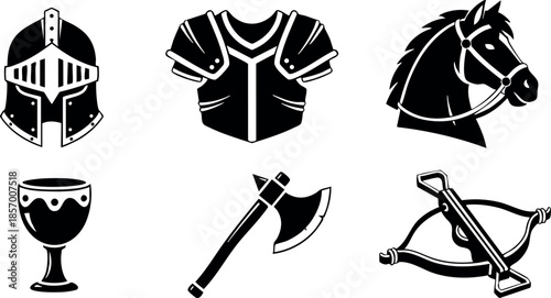 Medieval knight helmet armor horse axe crossbow goblet vector icons set 