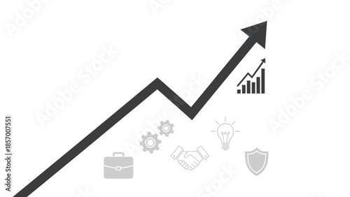 A rising arrow graph illustrates business growth and success with icons.