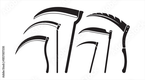 Vector scythe and sickle illustration set featuring traditional farming and harvesting blades