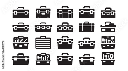 Vector toolbox icon pack featuring tool cases, organizers and professional repair equipment