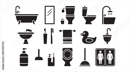 Set of restroom and bath vector icons including toilet, sink, tub, shower and cleaning accessories