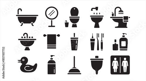 Modern bathroom icon pack with sanitation, plumbing and hygiene vector symbols in black silhouettes