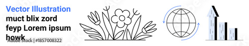 Business analytics, nature, global reach, ecological balance, sustainability, economic growth. Flower and globe with arrow and chart. Business analytics and global reach