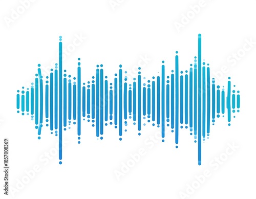 Graphic depicting audio wave in shades of blue. It features a stylized waveform with vertical lines and a dotted appearance