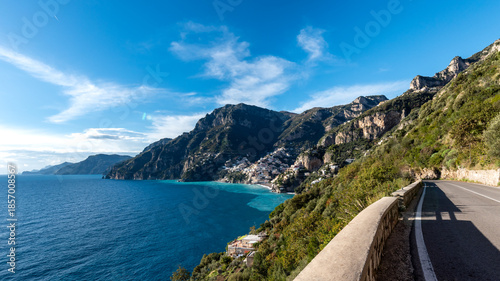 Bilde på lerret Positano and the Amalfi Coast seen from the road, with the characteristic coastal road in the foreground