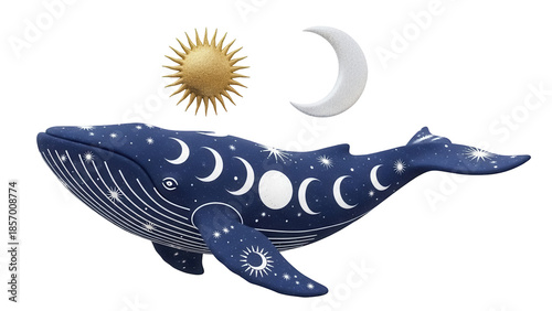 Celestial whale PNG isolated on transparent background, mystical marine animal with moon phases and sun for spiritual design and astrology