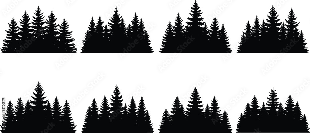 Fototapeta premium Set of coniferous pine forest silhouettes spruce tree clusters and woodland landscape cad drawing flat vector illustration for architectural environment design