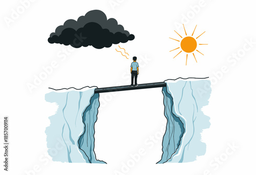 Illustration of a Person Standing on a Wooden Bridge Between Two Cliffs Confronted by a Dark Cloud and a Bright Sun in a Symbolic Representation of Life's Choices