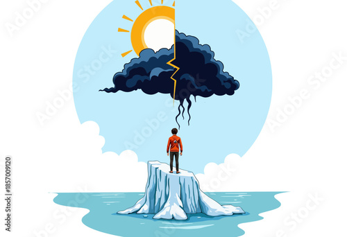 Person Stands on Iceberg Under Dual Weather of Sunny Sky and Dark Cloud with Lightning Strike Over Calm Ocean