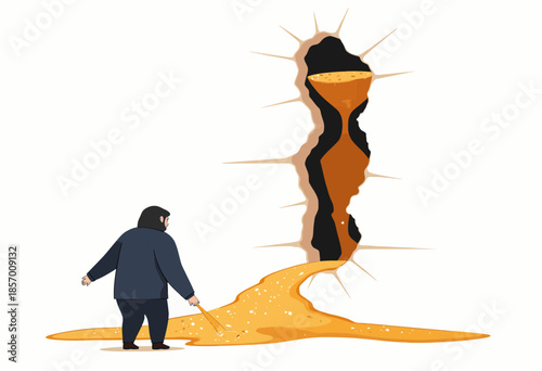 Conceptual Illustration of Financial Crisis Represented as Flowing Gold Disappearing Down Cracked Wall with Businessman Observing Challenge