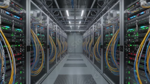 Endless corridor of server racks with glowing lights and colorful cables in a data center server room