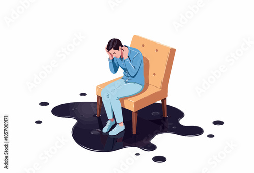 Illustration of a Pensive Person Seated on a Chair Surrounded by a Spilled Black Liquid Reflecting Emotional Turmoil and Isolation
