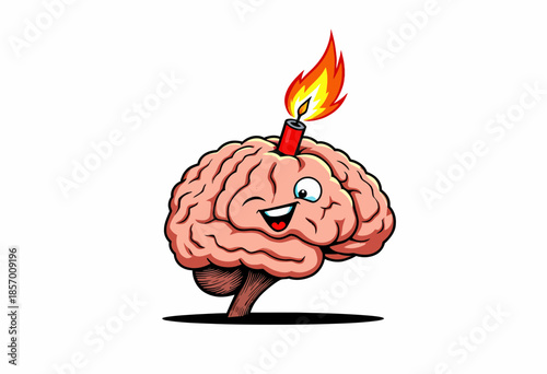Illustration of a Happy Brain with a Lit Fuse Representing Creativity, Imagination, and Explosive Ideas