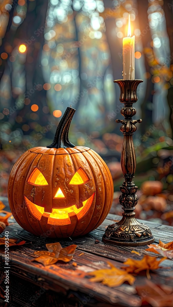 Obraz premium A glowing jack-o'-lantern sits next to an antique candlestick with a lit candle outdoors.
