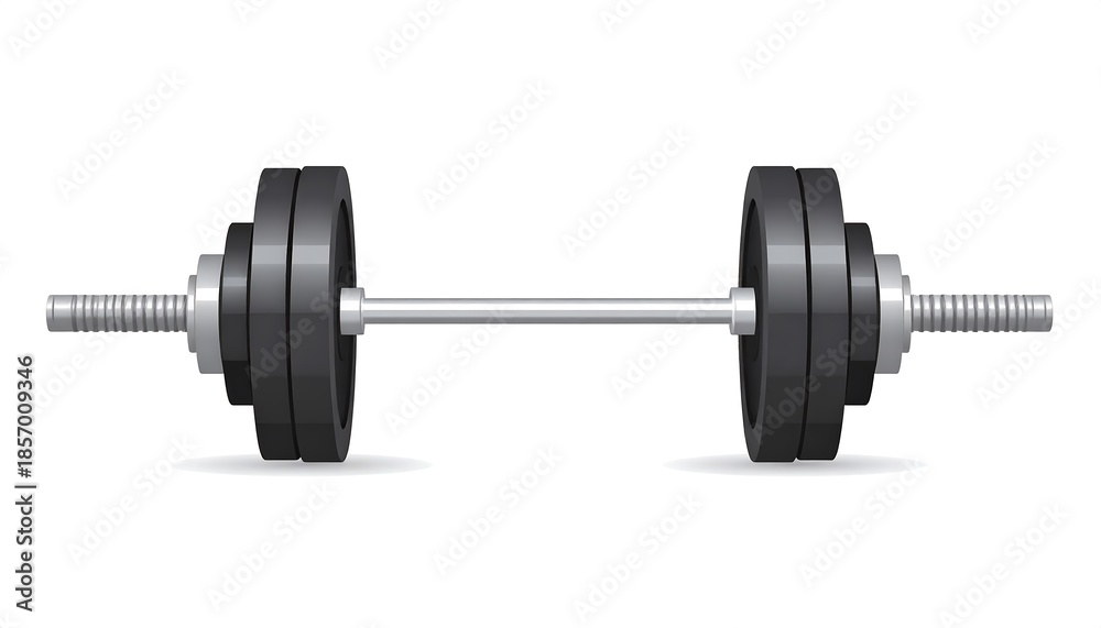 Fototapeta premium Graphic of a weightlifting barbell, with multiple black weight plates on each end, isolated on white