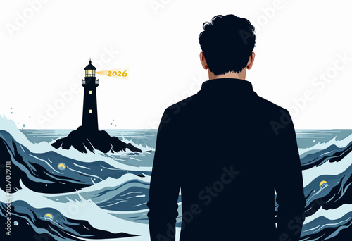 Silhouette of a man facing turbulent ocean waves with a distant lighthouse shining brightly, symbolizing guidance and hope in 2026