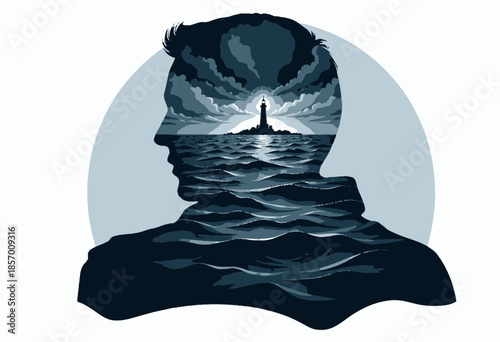 Silhouette of a Person with a Lighthouse and Stormy Sea Inside, Capturing the Fusion of Serenity and Turbulence Amidst Darkness