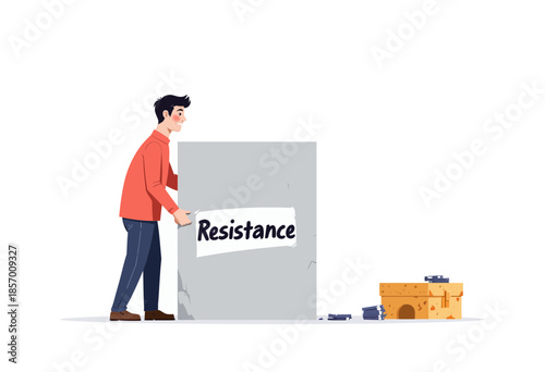 Illustration of a Person Pushing a Large Stone Block Labeled 'Resistance' with Fallen Books Nearby in a Minimalist Setting