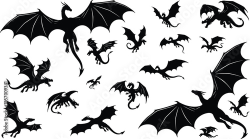 Set of flying dragon silhouettes mythical fantasy creature monsters and fire breathing beasts cad drawing flat vector illustration for web