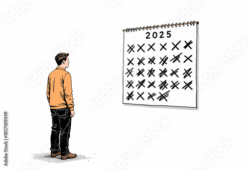 Illustration of a person standing in front of a wall calendar with highlighted markings, signifying the approach or passage of the year 2025
