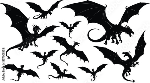 Set of flying dragon silhouettes mythical fantasy creature monsters and fire breathing beasts cad drawing flat vector illustration for web