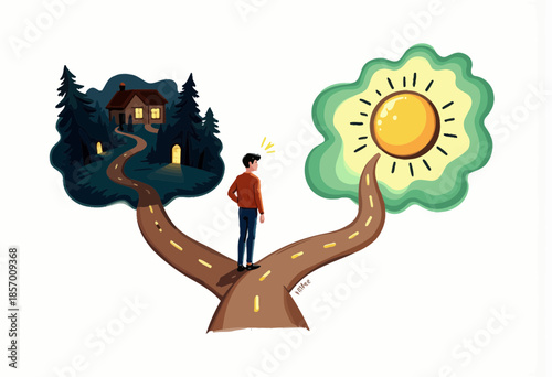 Illustrated depiction of a person standing at a crossroads choosing between a sunlit path and a shadowy forest leading to a mysterious house