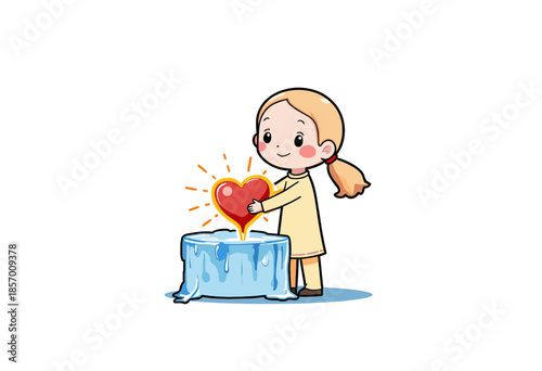 Illustration of a Smiling Girl Holding a Glowing Heart Over a Melting Ice Block Depicting Warmth and Care