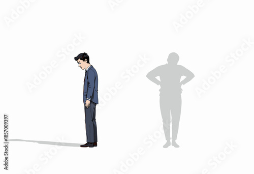 Illustration of a Thoughtful Individual Casting a Confident Shadow, Representing Inner Strength and Self-Reflection Amidst a Minimalistic Background