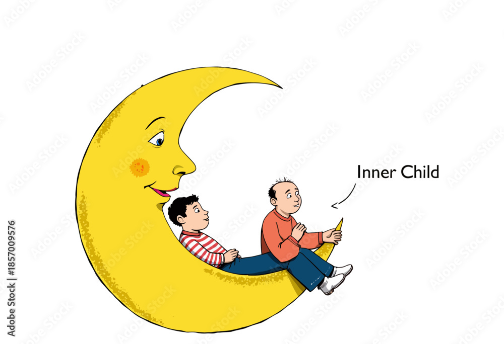 Obraz premium Illustration of Two People Relaxing on a Smiling Crescent Moon with the Younger Version Reading as the Adult Observes