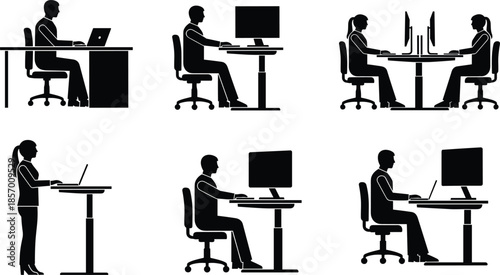 Set of office worker silhouettes sitting and standing at desks with computers cad drawing flat vector illustration for workspace design