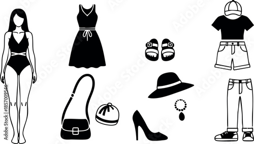Female and Male Fashion Outfits with Accessories Vector Illustration