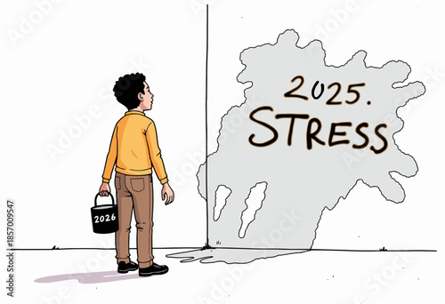 A person paints over the word 'stress' with a bucket labeled 2026, symbolizing the transition from a stressful 2025 to a hopeful and fresh new year.