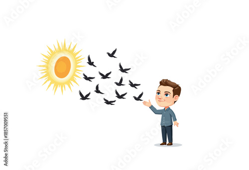 Illustration of a Smiling Character Pointing at Flock of Birds in Flight Toward the Radiant Sun Against a Bright White Background