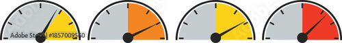 Set of performance gauge icons with needles indicating speed or credit score level cad drawing flat vector illustration for business dashboard
