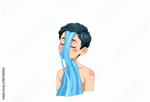 Illustration of a young person with black hair receiving a refreshing waterfall facial massage, conveying tranquility and the sensation of soothing water flow