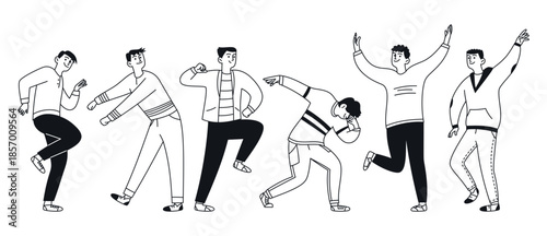 Set of doodle people, dancing men. A collection of happy jumping men performing dance moves. Outline, thin line. Vector linear illustration.