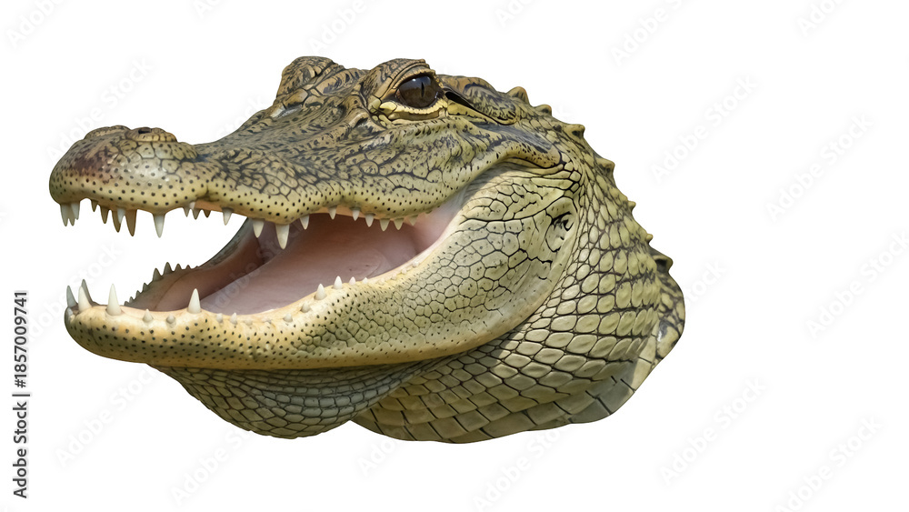 Fototapeta premium Alligator head with open mouth isolated PNG on transparent background, reptile predator with sharp teeth and textured skin