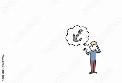 Illustration of a Person Deep in Thought Contemplating a Large Anchor as a Metaphor for Stability and Support