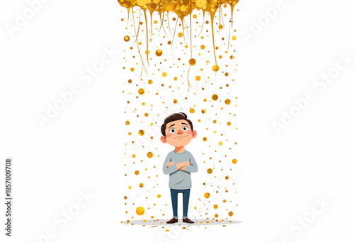 Illustration of a Thoughtful Child Standing Under a Cascade of Golden Particles in a Whimsical, Magical Setting Symbolizing Imagination and Wonder