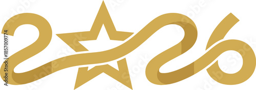 Happy New Year 2026 Golden Ribbon Typography With Star Shape Elegant Calligraphy Number Design For Holiday Event Greeting Card Banner Symbol Icon Luxury Date Logo Art.