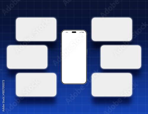 Mobile smart phone with review rating. Mobile pop up screen for customer review, bullet points or menu. Modern glowing text box for social media.