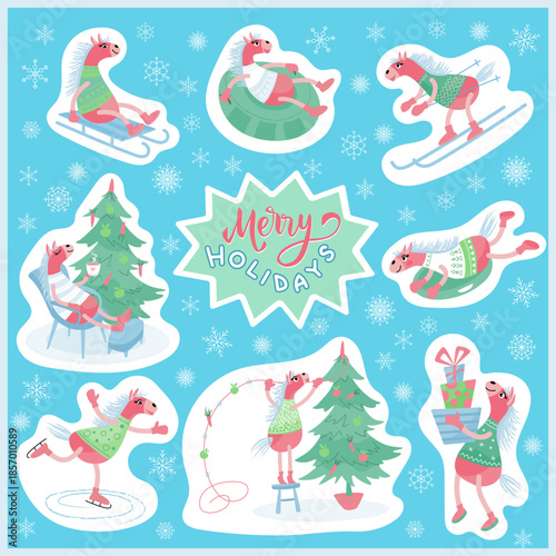 Set of vector Christmas holiday stickers with cute pink  horses doing winter activities. Flat vector illustration for seasonal designs.